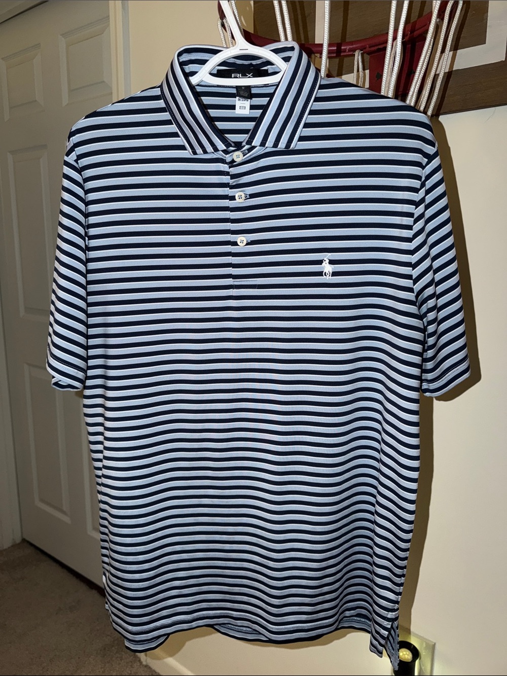 2025 Ralph Lauren RLX Striped Performance Polo (Navy/Light Blue) - Size M